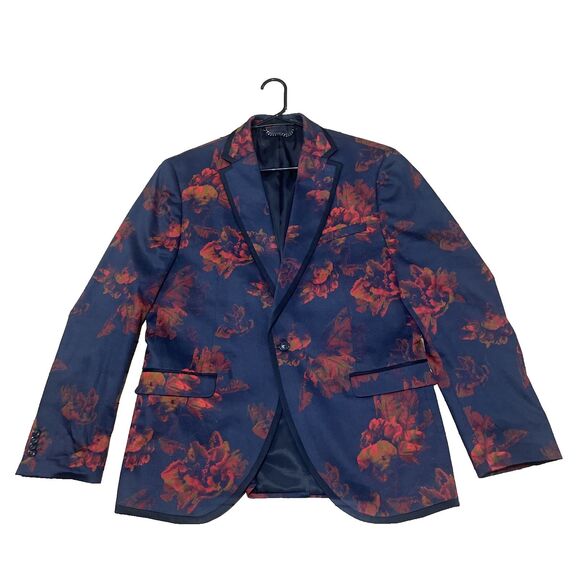 Topman Floral Blazer Jacket Men 44R SlimFit Black Orange Rose Club Coat Tux 44 R - Picture 1 of 16